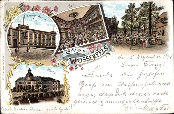 litho Weißenfels aan de Saale, Schumanns tuin, zaal, kasteel