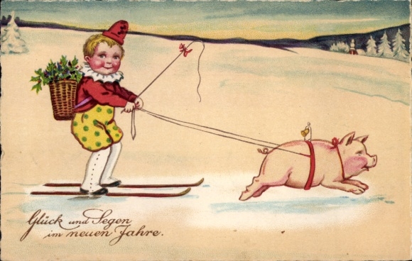 Postcard Happy New Year, skiing trip, pig