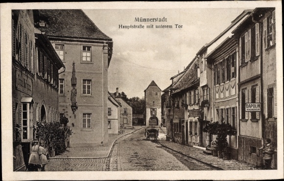 Postcard Münnerstadt in Lower Franconia Bavaria, main street, lower gate, shops