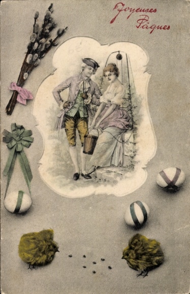 Ak Frohe Ostern, Küken, Eier, Weidenkätzchen, Liebespaar