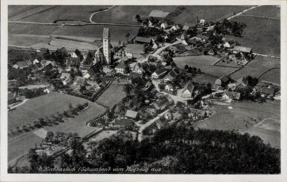 Postcard Kirchhaslach in Swabia, aerial view of many houses and fields visible