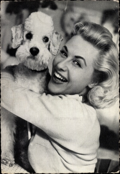 Postcard actress and singer Bibi Johns, portrait with poodle
