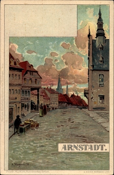 Artysta lito Stagura, Albert, dzielnica Arnstadt Ilm w Turyngii, ulica ze straganem, domy, kościół