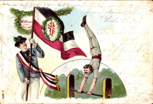 Chromo-Litho Gut Heil, gymnast on parallel bars, gymnastics club, flag