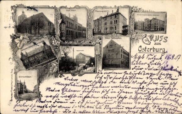 Postcard Osterburg in der Altmark, partial views, street section, city school, teacher training college