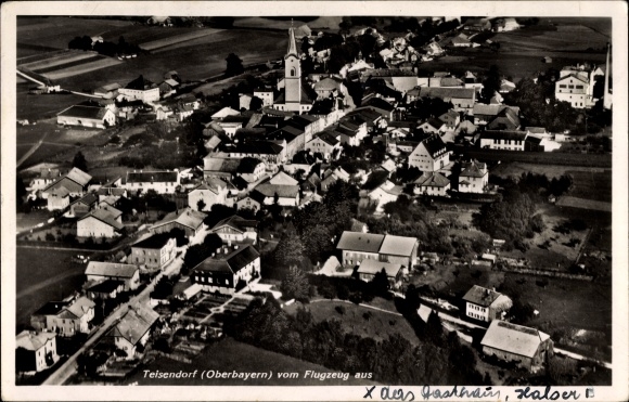 Postcard Teisendorf in Oberbayern, total view of the village, church, aerial photo