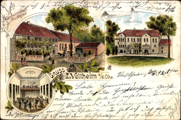 Chromo-Litho Veltheim Ohe, Inn, Owner C. Heyer, Interior View, Castle