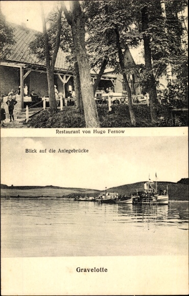 Postcard Gravelotte Meesiger Mecklenburg Western Pomerania, jetty, restaurant