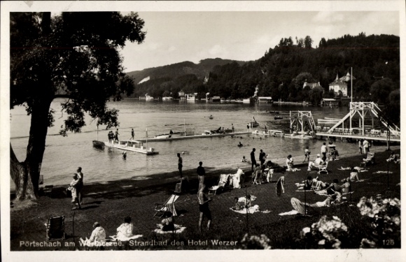 Ak Pörtschach am Wörther See Kärnten, Strandbad des Hotel Werzer, Schwimmer, Sonnenbadende, Natur