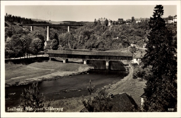 Postcard Saalburg in Thuringia, view from Köhlerweg, river, bridge, forest, landscape