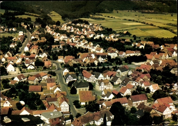 Postcard Reinhardshagen on the Weser, houses, church, landscape, fields, mountains