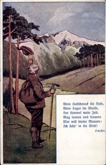 Artist Postcard Wanderer, Scheffel poem, My hat decoration the rose
