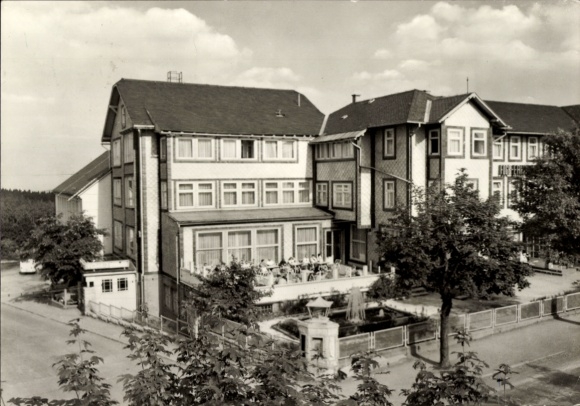 Postcard Bad Liebenstein in the Thuringian Forest, hotel building, surrounded by trees, sunny day, terrace...