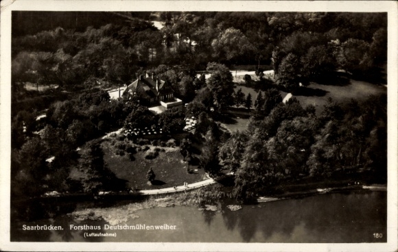 Postcard Saarbrücken in Saarland, aerial photograph, forester's lodge Deutschmühlenweiher, nature, water
