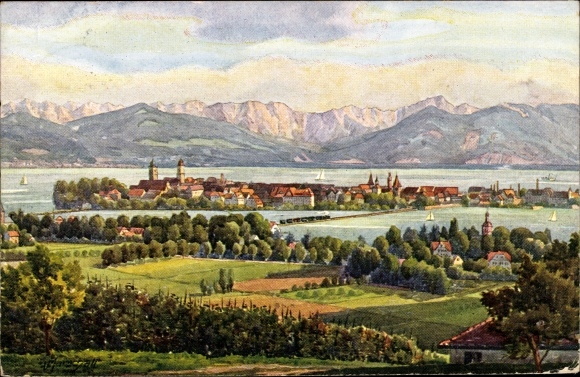 Artist PC Marschall, V., Lindau am Bodensee Swabia, view of the town, Alpine panorama
