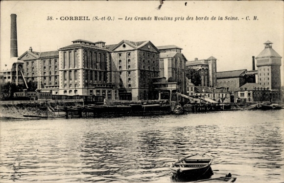 Ak Corbeil Essonne, Große Mühlen am Ufer der Seine