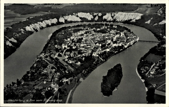 Postcard Wasserburg am Inn Upper Bavaria, aerial view of river, city view, landscape