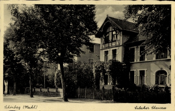 Postcard Schönberg in Mecklenburg, Schönberg, Lübecker Chaussee, town house, trees, architecture