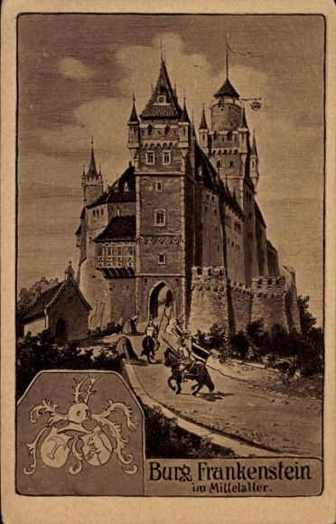 Coat of arms Postcard Nieder Beerbach Mühltal in the Odenwald, Castle Frankenstein in the Middle Ages, knight, coat of arms