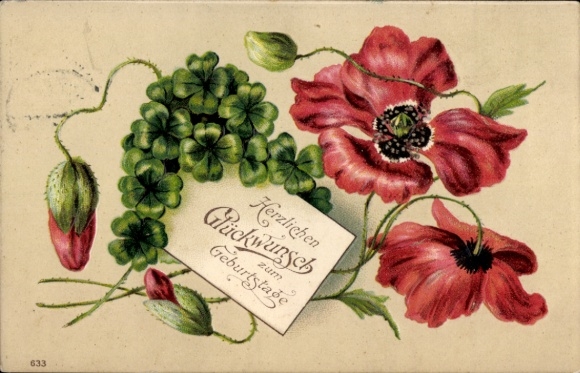 Embossed Postcard Congratulations Birthday, Poppy Flowers, Clover Leaves