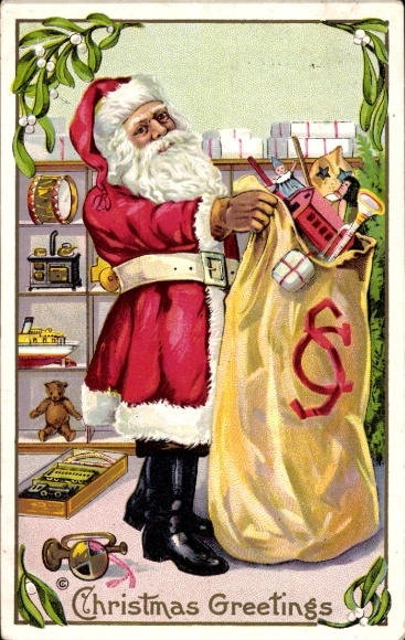 Reliëf Ak Gefeliciteerd Kerstmis, Kerstman met cadeauzak, speelgoedplank, maretak