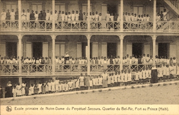 Postcard Port au Prince Haiti, school, lots of children, teachers, Ecole primaire de Notre-Dame du Perpétuel