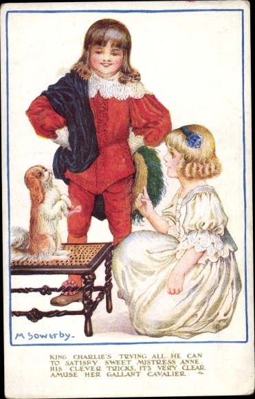 Kunstenaar Ak Sowerby, M., King Charlie probeert alles wat hij kan, Kinder mit Hund