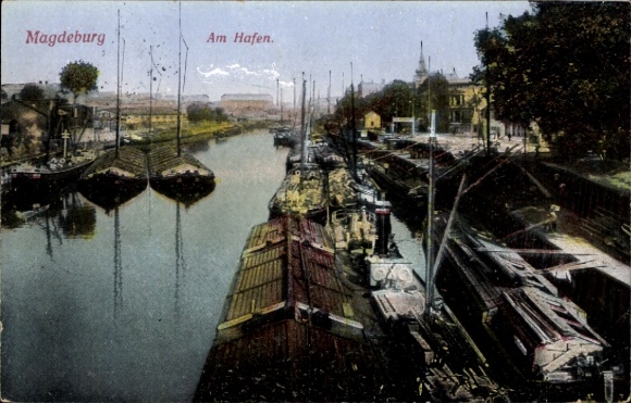 Postcard Magdeburg on the Elbe, At the harbor