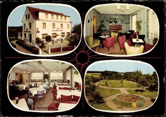 Ak Flammersfeld in het Westerwald, Hotel Zur prachtig uitzicht, leeszaal, eetzaal, park