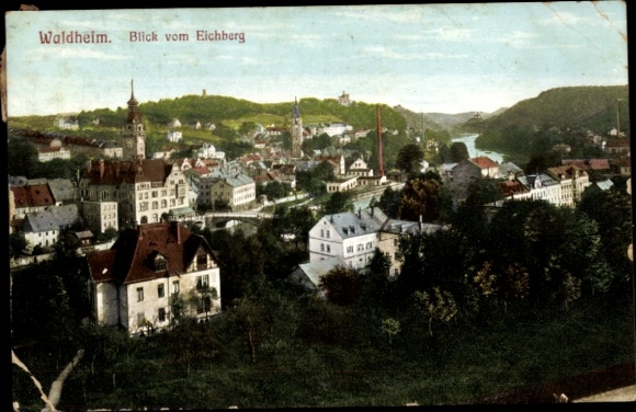 Postcard Waldheim in Saxony, view from the Eichberg to the village