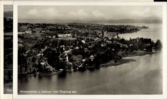 Ak Hemmenhofen Gaienhofen aan het Bodenmeer, luchtfoto van de Untersee, huizen, landschap