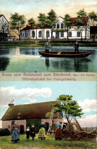 Postcard Mönchwinkel Grünheide in der Mark, Restaurant zum Storchnest, rowing party