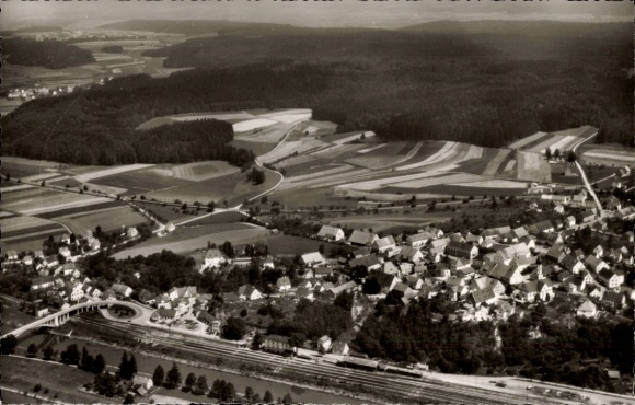 Postcard Kellmünz on the Iller Swabia, aerial view of fields, forests, residential buildings