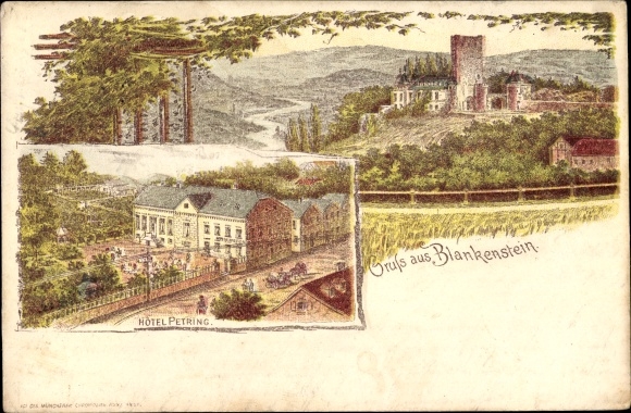 Litho Blankenstein Hattingen im Ennepe Ruhr Kreis, Hotel Petring, Burg, Turm, Kutschen