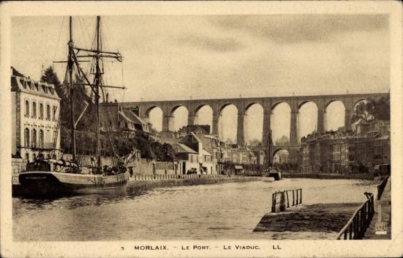 Postcard Morlaix Finistère, harbour, viaduct, sailing ship