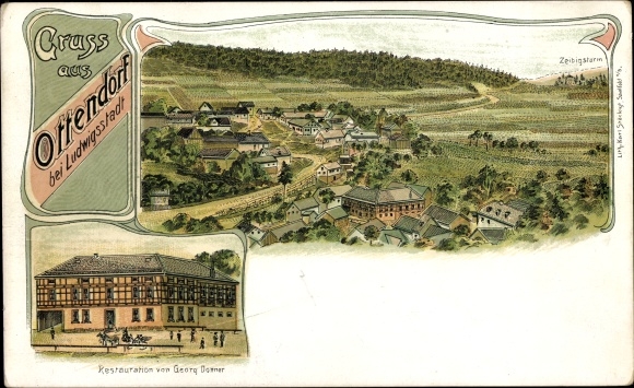 Litho Ottendorf Ludwigsstadt in Opper-Franken, restauratie, uitzicht op de stad