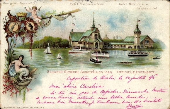 Chromo-Litho Berlin Treptow, Trade Exhibition 1896, Building for Fishing and Sports, Food