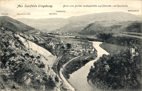 Ak Obernitz Saalfeld a. d. Saale Thüringen, Blick vom Bohlen saalaufwärts auf Obernitz und Reschwitz
