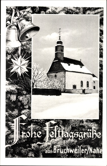 Passepartout PC Allenbach in the district of Birkenfeld, happy holiday greetings, church, winter