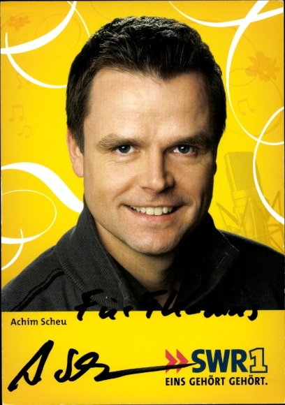 Postcard Moderator Achim Scheu, portrait, autograph