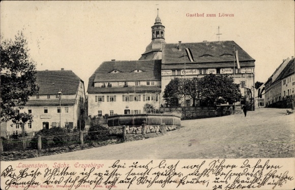 Postcard Lauenstein Altenberg in the Ore Mountains, Gasthof zum Löwen, street section