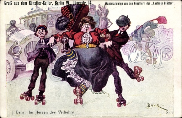 Artist Postcard Bahr, Berlin Mitte, Künstlerkeller, Jägerstr. 14, woman and men on roller skates