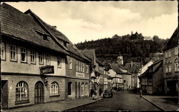 Postcard Wasungen in the Thuringian Forest, Neutor, Maienluft Castle, shops, spring