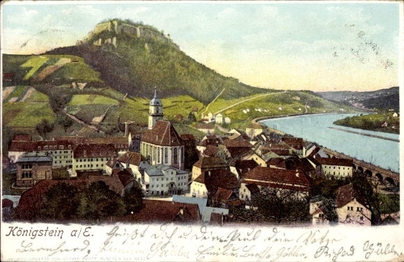 Postcard Königstein an der Elbe, general view of the city, river, church