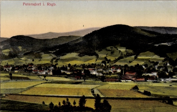 Postcard Petersdorf Landsberg im Saalekreis, landscape photo, hills, houses, fields, colored