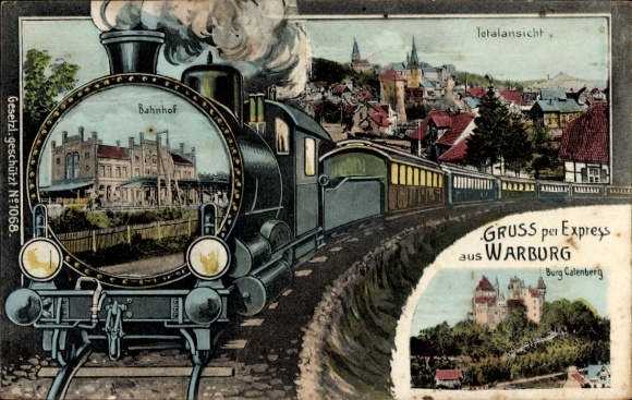 Postcard Warburg in the district of Höxter, train station, Calenberg Castle, panorama, steam locomotive