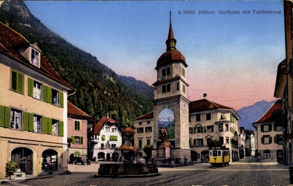 Postcard Altdorf Kt. Uri, village square with Tell monument, tram