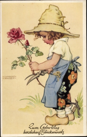 Artist Postcard Lungershausen, Ilse Wende, congratulations on her birthday, girl with rose, flower care