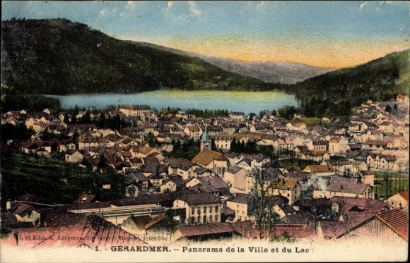 Ak Gérardmer Lothringen Vosges, Panorama von  Stadt und See, farbenfrohe Darstellung