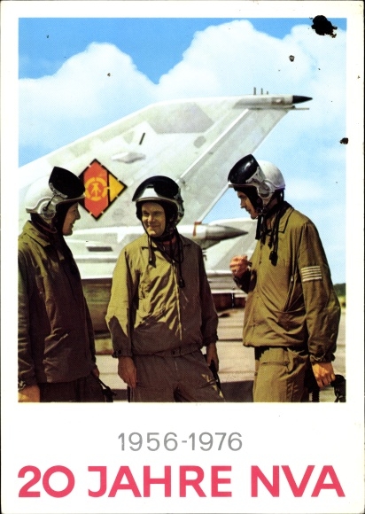 Postcard 20 years NVA 1976, GDR, fighter plane, fighter pilots